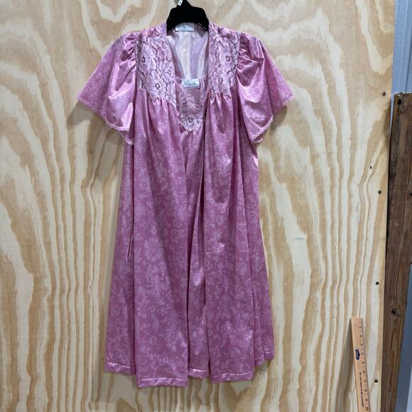 Vintage Vanity Fair Pink Jacquard Nightgown Robe Set Sz L Lace Trim Made in USA - Picture 1 of 7